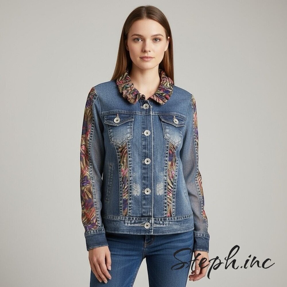 Damee Sheer Trompe L’Oeil Jean Jacket with Wired Collar – Women’s Size Large